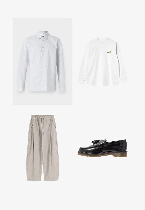 Gestreept overhemd in lichtblauw en wit. Heeft een klassieke kraag, lange mouwen en een klein logo-label aan de zoom.; Witte katoenen T-shirt met lange mouwen en ronde hals, met een klein geel en bordeaux logo op de linkerborst. Naadloze manchetten en zoom.; Lichtgrijze sweatpants met een elastische tailleband, verstelbare trekkoord, twee zijzakken en losse, uitlopende benen. Zachte textuur, geplooid ontwerp.; Zwarte patenten leren instappers met een gevlochten ontwerp, franjeraccent en een chunky, gestructureerde rubberen zool. De zijaanzicht benadrukt de slanke silhouette.