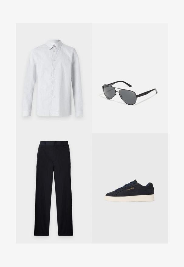 Stripete skjorte med knapper i lys blå og hvit. Har klassisk krage, lange ermer og en liten logomerking på kanten.; Sorte bukser med lett og teksturert stoff, rett ben-design, elastisk midjebånd og sidelommer med glidelås.; Marineblå ankelhøyde sneakers i semsket skinn med hvit såle, marineblå snøringer, og "Filling Pieces"-logo i gull på siden.; Svarte pilotbriller med mørke linser, tynn metallramme og slanke plastarmer med logo aksenter.