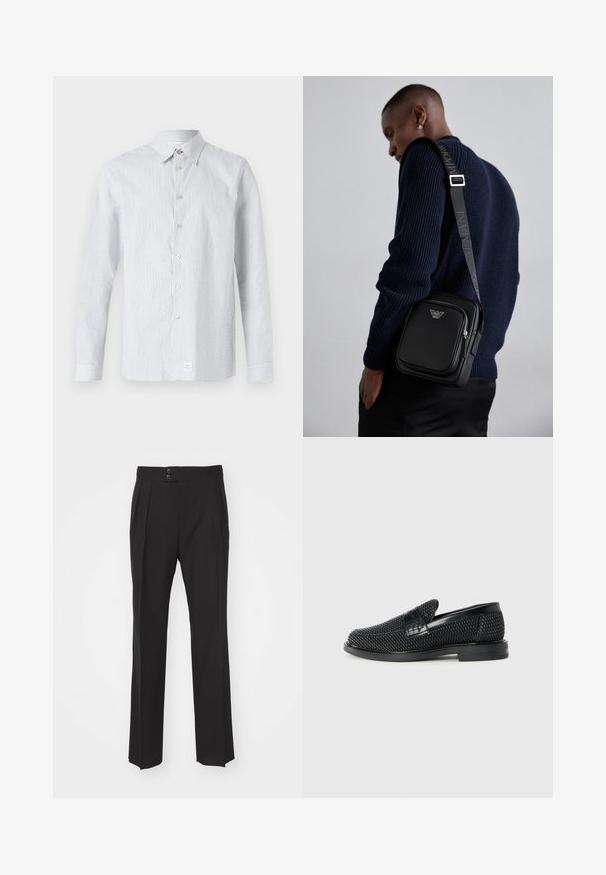 Gestreept overhemd in lichtblauw en wit. Heeft een klassieke kraag, lange mouwen en een klein logo-label aan de zoom.; Zwarte op maat gemaakte broek met een recht model, twee voorzakken en een dubbele knoopsluiting bij de taille. Glad textuur van de stof.; Zwartegeweven instap schoenen met een glad leren accent aan de bovenkant, een ronde neusontwerp en een laag profiel rubberen zool.; Zwarteleren schoudertas met een ritscompartiment, logo-detail en een verstelbare band met merk. Draag gezien tegen een gestructureerde marineblauwe trui.