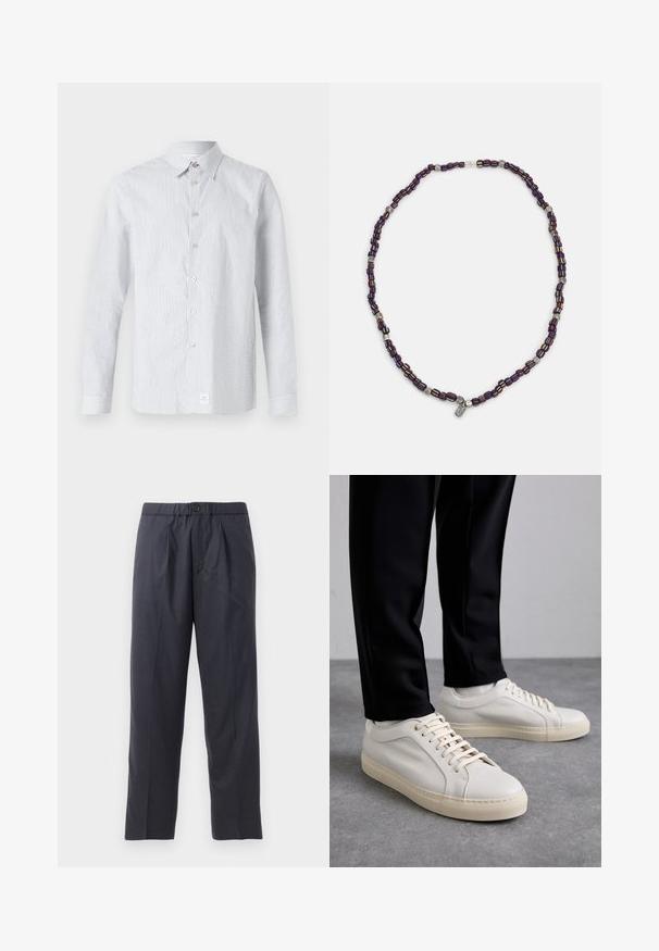 Svītrota krekla ar pogām gaismas zilā un baltā krāsā. Tam ir klasiskā apkakle, garas piedurknes un neliels logotipa uzraksts apakšmalā.; Tumši tumši zili bikses, kas izgatavotas no mīksta auduma ar krokām priekšpusē un elastīgu jostasvietu. Iespējama pogas aizdare un taisna kāju griezums.; Gai beige ādas kedas ar plakaniem šņorēm, teksturētu virsmu un kontrastējošu krēmkrāsas gumijas zoli, apvienotas ar melniem pieguļošiem biksēm.; Daudzkrāsains pērļu kaklarota ar tumši ziliem, sarkaniem un dzelteniem pērliem, starp kuriem ir sudraba akcenti un karājoša piekariņa.