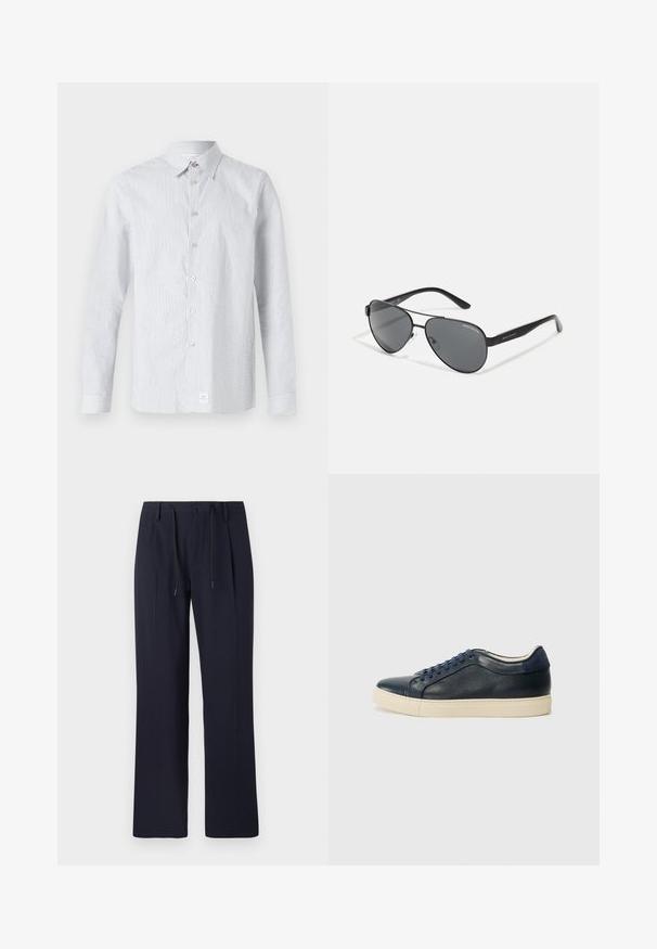 Camicetta a righe in azzurro chiaro e bianco. Presenta un colletto classico, maniche lunghe e un piccolo etichetta logo all'orlo.; Pantaloni blu navy con design a gamba dritta, realizzati in tessuto testurizzato. Presentano una chiusura frontale con bottone e una vita regolabile con cordoncino.; Sneaker in pelle blu navy con suola in gomma crema, dotato di lacci blu e texture liscia. Punta arrotondata e design minimalista.; Occhiali da sole aviator neri con lenti scure, sottile montatura in metallo e bracci in plastica snodati con accenti del logo.