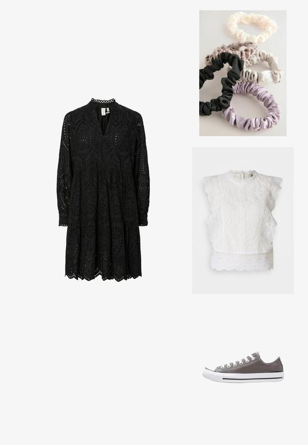 Balta nėriniuota palaidinė su banguotais kraštais, aukštu kaklu ir sudėtingais gėlių raštais. Uždarymas užtrauktuku nugarinėje dalyje ir tekstūruota medžiaga visame gaminyje.; Juoda, ilgomis rankovėmis suknelė su sudėtingais išpjovos raštais, V formos kaklu ir sluoksnišku sijonu su bangų formos apačia ir siuvinėjimo detalėmis.; Pilko audinio sportbačiai su balta guma padanga, juoda juostele ir metaliniais akių skylutėmis. Turintys apvalų pirštą, žemą dizainą ir tekstūruotą audinį.; Penki satino plaukų gumos juostelės juodos, šviesiai rožinės, kreminės, pilkos ir levandų spalvų, su raukšlėtu tekstūru ir elastingu dizainu, skirtos plaukams sutvirtinti.