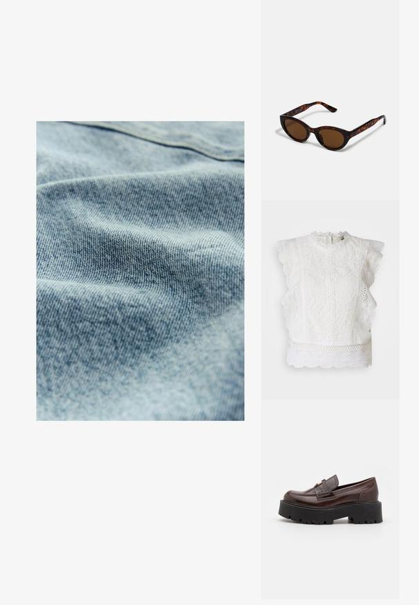 Weißes Spitzentop mit gewellten Kanten, hohem Kragen und filigranen Blumenmustern. Reißverschluss hinten und strukturierter Stoff.; Helles blaues Denim-Gewebe mit einer subtilen Textur und sichtbarem Webmuster, das leichte Farb- und Weichheitsvariationen aufweist.; Madden Girl CALISTA - Slipper - brown; Braune Schildpatt-Sonnenbrille mit einer Vintage-Cat-Eye-Form und braunen Gläsern. Verfügt über gebogene Bügel mit roten Akzenten.; Next BOWLER CHARM - Handtasche - tan brown