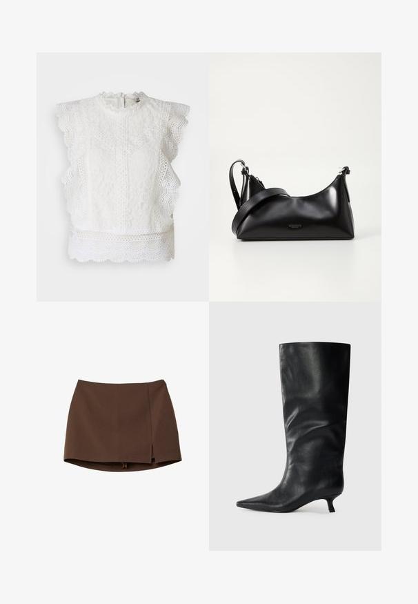 White lace top featuring scalloped edges, a high neck, and intricate floral patterns. Back zip closure and textured fabric throughout.; Brown mini skirt made of smooth fabric, featuring a front slit, clean lines, and a structured fit. No pockets or prominent hardware details.; Black knee-high leather boot with pointed toe and low kitten heel, displayed on a plain light background.; Black leather handbag with a smooth texture. Features an adjustable strap and a sleek, minimalistic design with a zip closure.