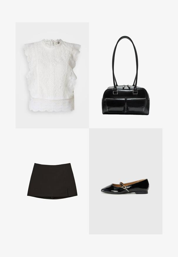 Haut en dentelle blanche avec des bords festonnés, un col haut et des motifs floraux complexes. Fermeture éclair au dos et tissu texturé sur toute la surface.; Mini-jupe noire en tissu lisse, avec une coupe droite, des fentes latérales et un ourlet net. Simple et polyvalente.; Chaussure plate en cuir verni noir avec un bout pointu, une bride de cheville avec une boucle en tonalité dorée, et un petit talon carré. Fini lisse et brillant.; Sac à main en cuir noir avec deux poches avant, deux poignées et une fermeture zippée en haut. Texture lisse et forme arrondie.