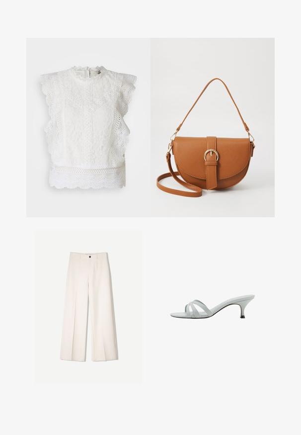 Weißes Spitzentop mit gewellten Kanten, hohem Kragen und filigranen Blumenmustern. Reißverschluss hinten und strukturierter Stoff.; Cremfarbene weitem Hosen mit maßgeschneidertem Design, ausgestattet mit zwei vorderen Taschen und einem vorderen Knopfverschluss, aus glattem Stoff gefertigt.; Hellgraue Absätze mit drei überkreuzten Riemen, schlankem Profil und spitz zulaufendem Absatz. Glatte Textur mit leicht glänzendem Finish.; Braune Leder-Crossbody-Tasche mit geschwungener Form, goldfarbenen Beschlägen und einer Schnallenakzentuierung. Verfügt über einen abnehmbaren Schultergurt.