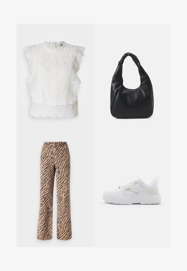 Witte kanten top met gekartelde randen, een hoge hals en ingewikkelde bloempatronen. Achterzijde met ritssluiting en een gestructureerde stof.; Wijde broek met een tijgerprint in bruin- en zwarttinten, uitgerust met een standaard taille en een vijf-pocket ontwerp.; Witte sneakers met een chunky ontwerp, gemaakt van leren en synthetische materialen, met textuurovereenkomsten, veters en een prominent logo in goud.; Zwarte hobotas gemaakt van glad, leerachtig materiaal met een gedraaide handgreep, met een zachte, ronde vorm en een ritsluiting aan de bovenkant.; Gouden creolen met een gladde, glanzende afwerking. Circulaire vormgeving met een kleine post en een doorzichtige achterkant voor een veilige draagervaring.