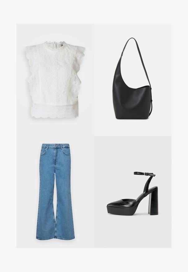 Vitt spetsöverdel med scallopade kanter, hög krage och intrikata blommönster. Dragkedja i ryggen och texturerad tyg över hela plagget.; Ljust blå vida jeans i denim, med hög midja, fem fickor och en enda knappstängning. Mjuk textur med blekt finish.; Svarta plattformsskor med spetsig tå och justerbart vristband. Tillverkade av mjukt läder, med en kraftig blockklack.; Svart läder hobo-väska med en slät textur, kurvig form och en justerbar axelrem; har en bred öppning upptill.