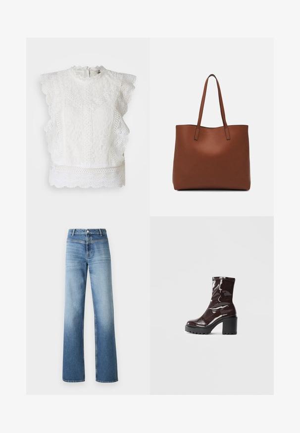 Haut en dentelle blanche avec des bords festonnés, un col haut et des motifs floraux complexes. Fermeture éclair au dos et tissu texturé sur toute la surface.; Jean en denim bleu clair avec taille haute, coupe droite, délavage et style classique à cinq poches. Fini avec une fermeture à bouton.; Bottines bordeaux brillantes à talon épais noir, avec une texture lisse et un design simple. Aucune fermeture visible ni motifs.; Sac fourre-tout en cuir marron avec une texture lisse, design à ouverture supérieure et deux poignées pour le porter à l'épaule. Présente des coutures minimales et aucun matériel visible.