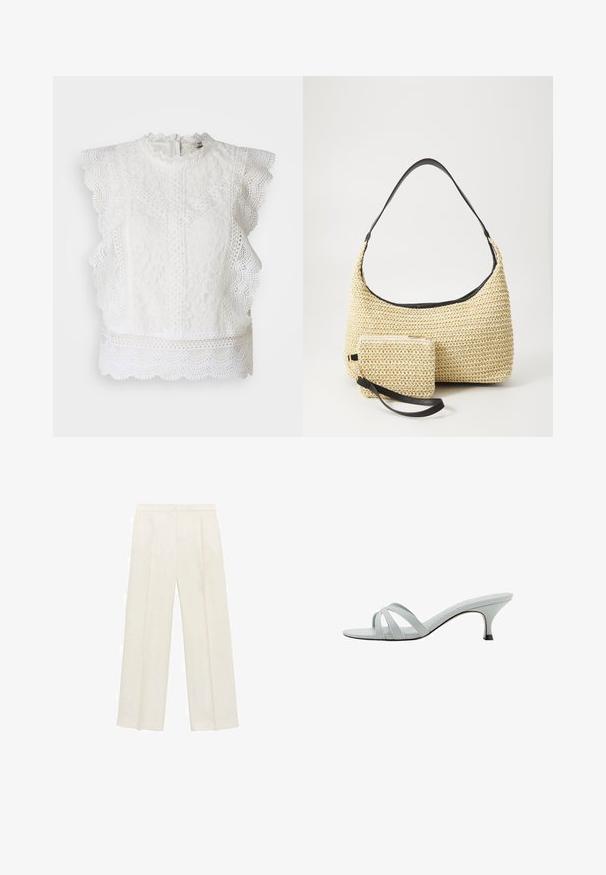 Witte kanten top met gekartelde randen, een hoge hals en ingewikkelde bloempatronen. Achterzijde met ritssluiting en een gestructureerde stof.; Wijdgevallen broeken in een lichtcrème kleur. Gemaakt van een zachte stof met plooien aan de voorkant en zijzakken.; Lichtgrijze hakken met drie kruislings geplaatste banden, een slank profiel en een taps toelopende hak. Gladde textuur met een lichtglanzende afwerking.; Geweven strohandtas met een gebogen silhouet, voorzien van een soepele zwarte leren schouderband en een bijpassend klein zakje dat is bevestigd met een polsband.