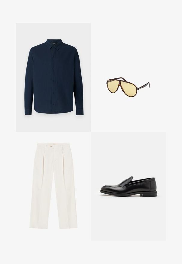 Ron Dorff Camicia - deep ocean; Pantaloni bianchi a gamba larga con pieghe sul davanti, chiusura a un bottone e tasche laterali. Texture liscia e design sartoriale.; Mocassini neri in pelle con una texture liscia, punta arrotondata e una striscia decorativa sulla tomaia. Tacco basso impilato, design minimalista.; Occhiali da sole tartarugati con lenti gialle. Forma aviator con doppio ponte e dettagli in metallo. Superficie liscia e design elegante.; Orologio rettangolare in oro rosa con quadrante bianco, indicatori di ore minimalisti e bracciale in metallo a maglie. Presenta una corona sul lato destro.