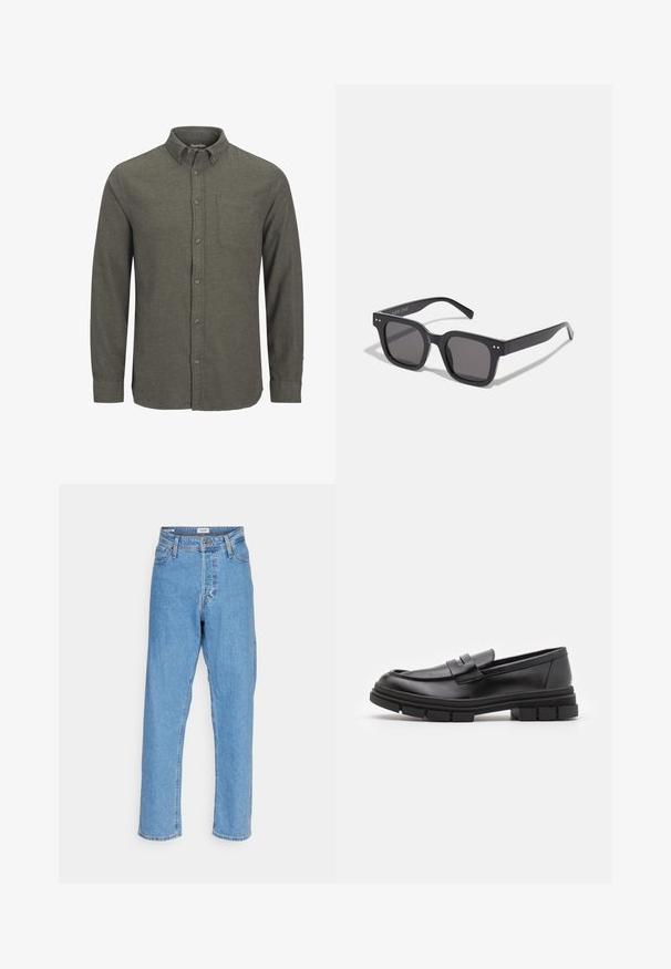 Zaļš krekls ar pogām, kas izgatavots no teksturēta auduma, ar norādītu apkakli, vienu krūšu kabatu un garām piedurknēm ar pogājamām aprocēm.; Gaiši zils augstā jostasvietā taisna kāja džinsi ar priekšējo pogu, rāvējslēdzēja aizdari, jostu cilpām un piecu kabatu dizainu uz balta fona.; Melni ādas loafers ar gludu apdari, ar priekšējo siksniņu un masīvu gumijas zoli ar izgriezumiem.; Melnas taisnstūra saulesbrilles ar tumšiem stikliem, kuras iezīmē bieza rāmja konstrukcija, diskrēti akcenti sānos, un nav redzamu logo ārpus zīmola nosaukuma.