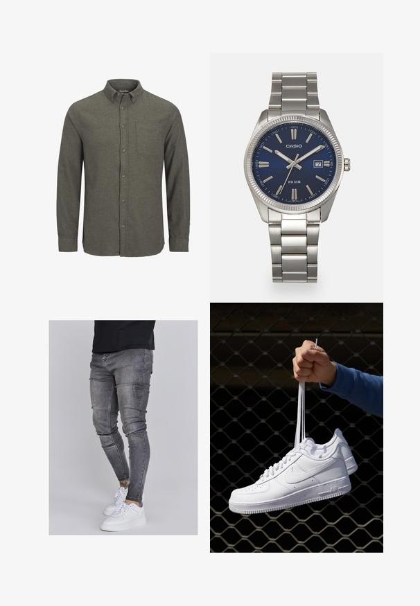 Camicia verde abbottonata realizzata in tessuto testurizzato, con colletto a punta, una tasca sul petto e maniche lunghe con polsini abbottonati.; Jeans skinny in denim grigio sbiadito, con dettagli strappati sulle ginocchia, abbinati a sneakers bianche. Texture liscia, design slim fit.; Sneakers in pelle bianca con perforazioni, punta rotonda, suola piatta e lacci spessi, con logo swoosh visibile e "AIR" sul tallone.; Orologio da polso in acciaio inossidabile argento con quadrante blu navy, indici metallici e finestra della data alle 3. Resistente all'acqua fino a 50 metri.