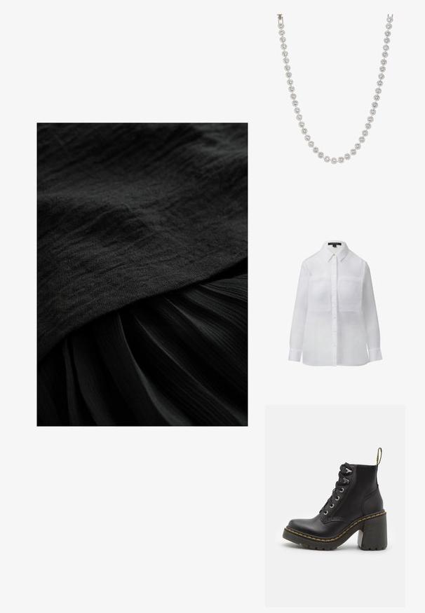 Weißes Langarmhemd mit Kragen, zwei Brusttaschen, durchgängiger Knopfleiste und glatter, transparenter Textur.; Schwarzer Stoff mit einer strukturierten Oberfläche, bestehend aus einer glatten oberen Schicht und einem plissierten unteren Abschnitt, beide in einem tiefen, einheitlichen Schwarzton.; Schwarze Lederstiefelette mit einem klobigen hohen Absatz, Schnürung vorne, metallischen Ösen und gelben Nähten entlang der Sohle. Strukturierten Gummiaußensohle.; Schwarze, gesteppte Leder-Handtasche mit goldener Kettenriemen und Logo-Detail. Rechteckige Form, glatte Textur, mit einem Klappenverschluss.; Silberne Halskette mit runden, klaren Edelsteinen in einem kreisförmigen Design, abwechselnd mit dekorativen Metallelementen, glatte Oberfläche.