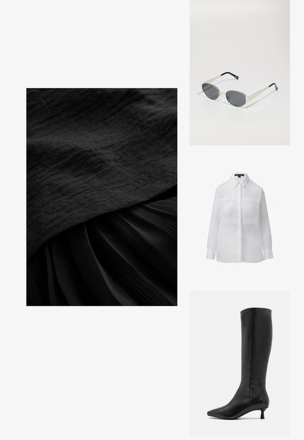 White long-sleeve shirt with a collar, featuring two chest pockets, buttoned front, and a smooth, sheer texture.; Black fabric with a textured surface, featuring a smooth top layer and pleated lower section, both in a deep, consistent shade of black.; Zign Boots - black; Sunglasses with oval gray lenses, silver metal frame, and black accents on temples. Features a sleek design and minimal hardware.; Black leather shoulder bag with a smooth texture, a curved top, and a single strap. Features a zipper closure and minimalist design.
