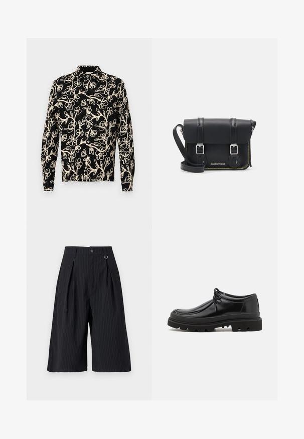 Zwarte longsleeve shirt met witte bloemenborduursels, een knoopsluiting kraag en een ontspannen pasvorm met zichtbare stikdetails.; Zwarte pinstripe shorts met plooien, een knoopsluiting en een metalen ringaccent. Glad materiaal met een getailleerde pasvorm en een knie-lange uitstraling.; Zwarte leren derby schoenen met een strak ontwerp, ronde neus en een getextureerde rubberen zool met diepe groeven voor grip.; Zwarte leren schoudertas met een klep, twee zilveren sluitingen, gele stiksels en een verstelbare schouderband. Beschikt over een gladde textuur en een compact ontwerp.