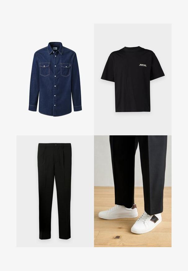 Tumesinine teksajakk pikkade varrukate, terava krae, kahe rinna-tasku ja valgete nööbiga, mis on vuntsitud kontrastsete õmblustega.; Must musta T-särk lühikeste varrukatega, ümar kaelus ja valge ja kuldse tekstiga vasakul rinnal trükk, millel on mugav lõige.; Mustad kohandatud pükste sirge säärega, lame ees, kahe voldiga, nööbiga kinnitamine ja küljetaskud. Valmistatud sileda materjali. ; Valged sneakersid siledat tekstuurist, millel on pruunad nahast detailid ja mustad aksessuaarid, millele on sobitatud mustad kohandatud püksid. Puitpõranda taust.