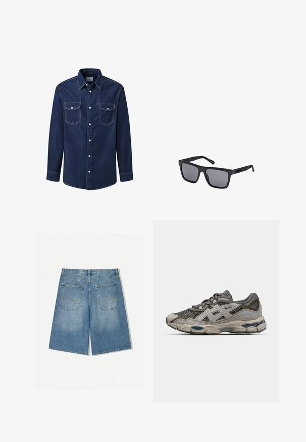 Jeansowa koszula w ciemnoniebieskim kolorze, z długimi rękawami, spiczastym kołnierzem, dwiema kieszeniami na piersi oraz białymi zatrzaskami, z kontrastowym przeszyciem.; Denimowe szorty w jasnoniebieskim kolorze o luźnym kroju, z dwoma tylnymi kieszeniami i widocznym szwem. Tkanina ma miękką, gładką teksturę.; Szare i beżowe buty sportowe z siateczkowymi panelami, kropkowaną teksturą i srebrnymi akcentami. Posiadają amortyzowaną podeszwę oraz sznurowany design.; Czarna prostokątna para okularów przeciwsłonecznych z ciemnymi soczewkami, matowym wykończeniem i detalem logo na zauszniku. Projekt charakteryzuje się prostymi krawędziami i grubymi oprawkami.