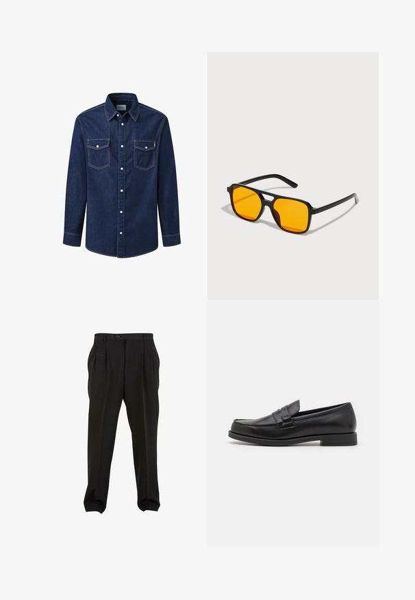 Cămașă din denim de culoare albastru închis, cu mâneci lungi, guler ascuțit, două buzunare pe piept și butoane albe cu capciune, având o cusătură contrastantă.; Pantaloni negri dintr-un material neted, cu pliuri frontale, talie cu nasture și mansete tapered la glezne. Siluetă clasică, Croi elegant.; Mocasini din piele neagră cu un design elegant, cu vârf rotunjit, detalii cusute și toc mic pătrat. Textură netedă și accente minime.; Ochelari de soare negri dreptunghiulari cu lentile portocalii îndrăznețe. Au un design unic al punții și brațe elegante, realizate dintr-un material ușor.