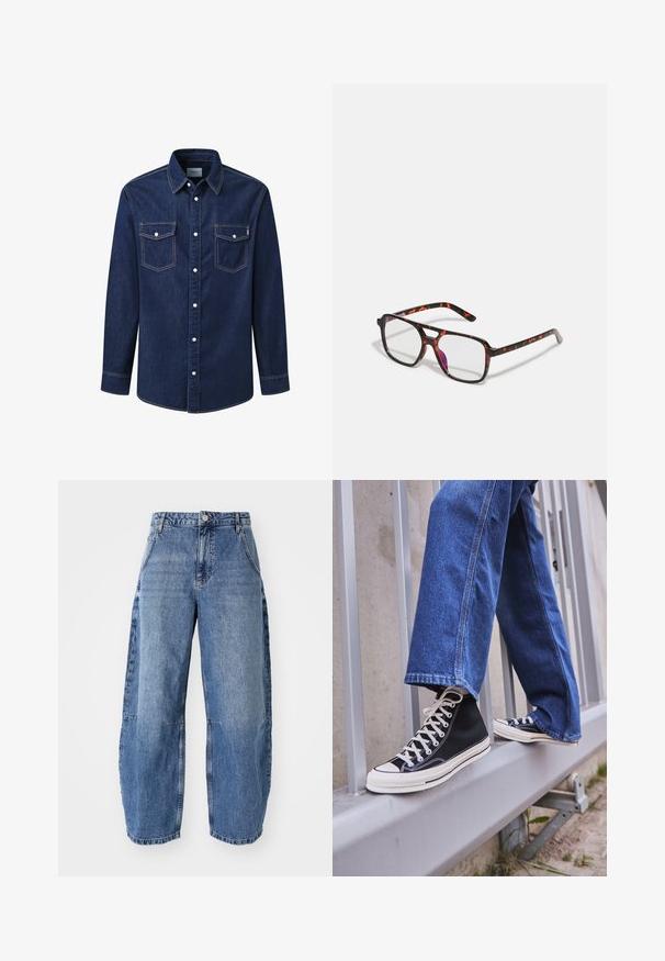 Donkerblauw denim overhemd met lange mouwen, een puntige kraag, twee borstzakken en witte drukknoopjes, met contrasterende stiksels.; Lichtblauwe spijkerbroek met een losse, wijde pasvorm, hoge taille, vijf zakken en zichtbare stikdetails.; Zwarte hoge sneakers met witte zool en veters, gecombineerd met losse blauwe denim jeans, rustend op een grijze leuning.; Schildpaddenpatroon bril met rechthoekige glazen, zwarte en oranje montuur, met een glanzende afwerking en slanke pootjes.
