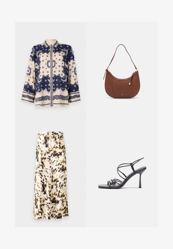 Blau- und cremefarbenes gemustertes Blusenshirt aus glattem Stoff; mit langen Ärmeln, kragenförmigem Ausschnitt, Knöpfen und kunstvollen Paisleymustern an den Manschetten.; Ein knielanger Rock aus einem leichten Stoff mit einem beige-, braun- und grünfarbigen abstrakten Muster. Verfügt über einen enganliegenden Taillenbund und ein fließendes Design.; Schwarze, hochhackige Sandalen mit dünnen Riemen und einem geknoteten Design, einer glatten, rechteckigen Zehenpartie und einem eleganten Stiletto-Absatz.; Braune Kunstleder-Schultertasche mit geschwungener Form, minimaler Naht und goldfarbener Hardware-Akzent. Verfügt über einen oberen Reißverschluss und einen verstellbaren Trageriemen.