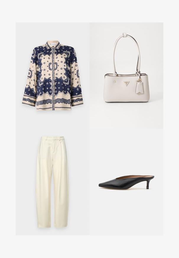 Navy en crèmewitte blouse met een gladde stof; heeft lange mouwen, een geknoopt kraag, knopen en ingewikkelde paisleypatronen langs de manchetten.; Plooibare, hoge taillebroek van licht crèmekleurige stof. Heeft een rechte_snit en een soepele textuur. Geen zakken of zichtbare hardware.; Zwarte leren muiltjes met een puntige neus en een lage, blokhak. Glad oppervlak met een gestroomlijnd ontwerp. Open achterkant met minimale details.; Beige neplederen handtas met een gladde textuur, dubbele schouderbanden, gouden hardware, een logoplaatje en een aangehechte label.
