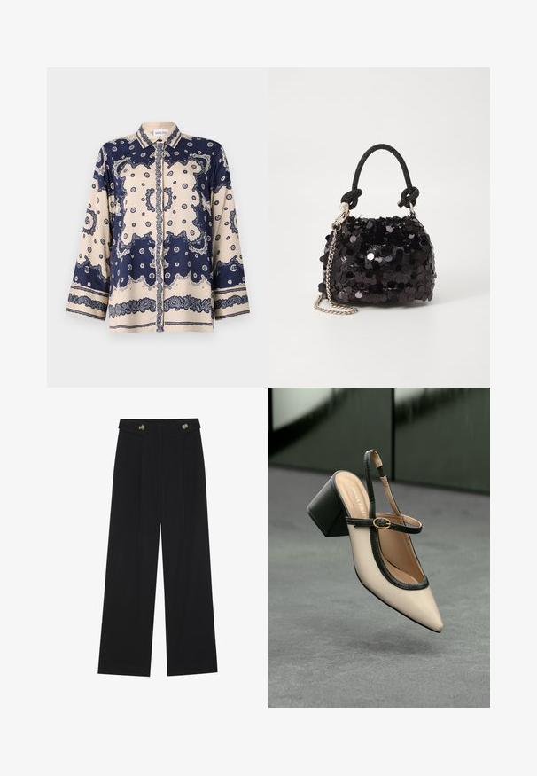 Blúzka s námorníckou modrou a smotanovou potlačou v hladkej látke; má dlhé rukávy, golier, gombíky a zložitý paisley vzor pozdĺž manžiet.; Čierne široké nohavice s vysokým pásom, so zapínaním na gombíky na páse a prednými sklady.; Béžová lodička so špicatou špičkou, s čiernym lemom, zlatou prackou a robustným blokovým podpätkom na šedom podlahe s tmavozeleným pozadím.; Čierna mini kabelka so štrasom, s uzlovým textúrovaným popruhom a strieborným reťazom. Guľatý tvar s riaseným vrchom a reflexnými detailmi.