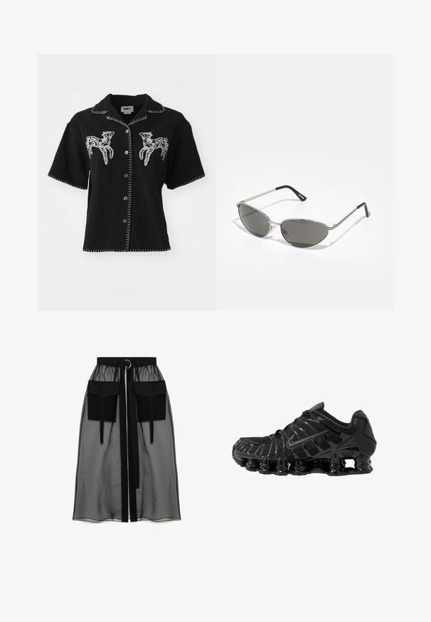 Črna kratkosekavna srajca z belim vezenjem živali, z gumbom za zapiranje in kontrastnim belim šivom ob ovratniku in robu.; Črna prozorna krila z nabranim pasom, ki ima dva velika sprednja žepa, pas za zavezovanje in okroglo kovinsko dekoracijo.; Črne atletske čevlje z mrežasto zgornjico in sijočimi detajli. Imajo ukrivljeno podložitev iz vzmeti in teksturirane linije na strani. Logotip Nike je viden.; Sončna očala z elegantnim srebrnim kovinskim okvirjem, sivi zasenčeni leči in aerodinamičnim oblikovanjem, ki vključuje ostri robovi in tanke ročke.; Even&Odd Torba za nakupovanje - black