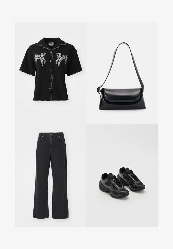 Black short-sleeved shirt featuring white animal embroidery, button closure, and contrasting white stitching along the collar and hem.; Black denim wide-leg jeans with a high waist, five-pocket design, and a zipper fly. Smooth texture with minimal visible stitching details.; Black athletic shoes with synthetic material, mesh accents, and rounded soles. Features lacing system and prominent Nike logo on tongue.; Black leather handbag with a structured shape, a smooth texture, and a single shoulder strap. Features a subtle, rounded flap design.; Silver Casio quartz watch with rectangular face, analog and digital displays, stainless steel bracelet, and water-resistant features.