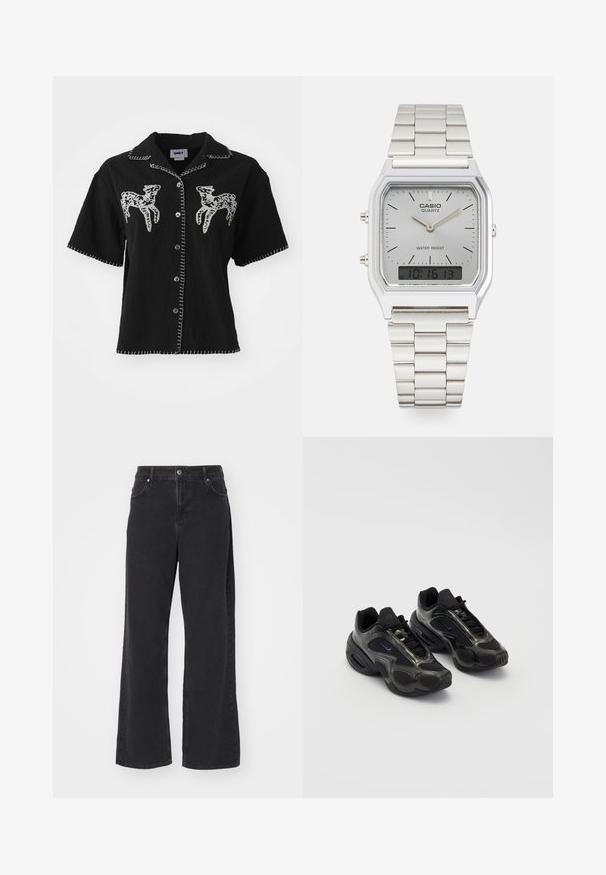 Juodas trumpas rankovės marškinėliai su baltomis gyvūnų siuvinėtomis detalėmis, sagų uždarymu ir kontrastingomis balto siūlo siuvinėtomis detalėmis aplink apykaklę ir apačią.; Juodos spalvos platėjančios kojų kelnės iš džinso audinio, aukštu liemeniu, penkių kišenių dizainas ir užtrauktuko užsegimas. Lygus paviršius su minimaliais matomais siūlių detalėmis.; Juodos sportinės bateliai su sintetine medžiaga, tinklelio akcentais ir apvaliais padais. Yra šniūriavimo sistema ir ryškus Nike logotipas ant liežuvio.; Sidabrinis Casio kvarcinis laikrodis su stačiakampiu ciferblatu, analoginiais ir skaitmeniniais rodmenimis, nerūdijančio plieno apyranke ir atsparumu vandeniui.