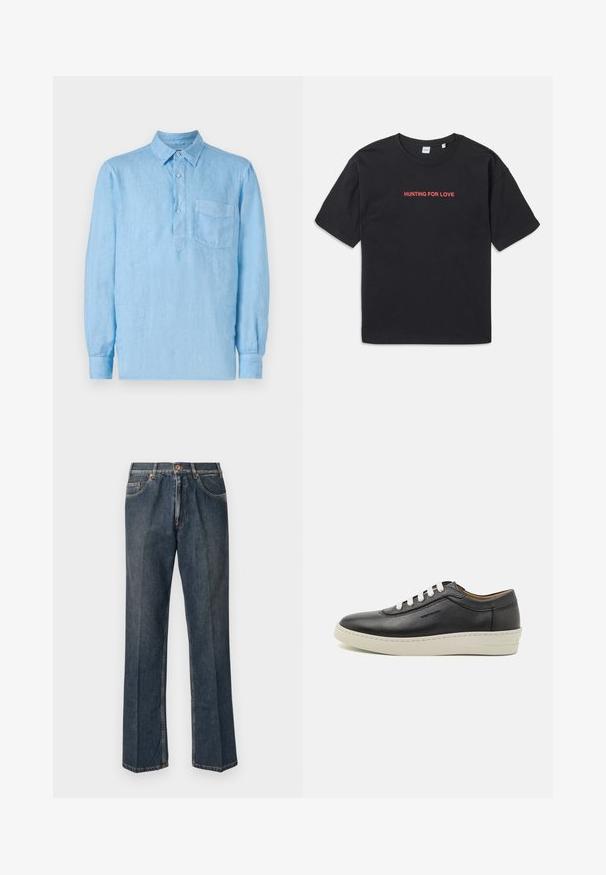 Světle modrá dlouhá košile z lněného materiálu s knoflíkovou légu, špičatým límcem a kapsou na prsou. Texturovaná tkanina a uvolněný střih.; Černé bavlněné tričko s krátkým rukávem, s červeným nápisem "HUNTING FOR LOVE" vyšitým na hrudi. Jednoduchý a pohodlný střih.; Tmavě modré džíny rovného střihu s předním poutkem, zipem, dvojitými předními kapsami a viditelnými vertikálními záhyby na nohavicích.; Černé kožené tenisky s bílou gumovou podrážkou, kulatou špičkou a plochými tkaničkami, se švy po stranách a jemným brandingem.
