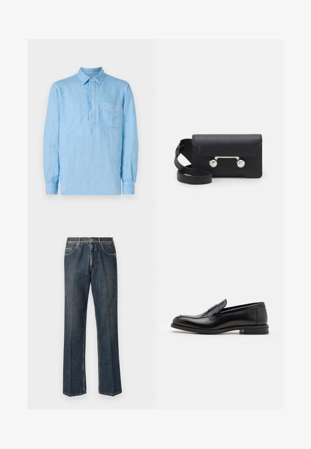 Himmelblaues, langärmliges Leinenhemd mit geknöpfter Knopfleiste, spitzen Kragen und Brusttasche. Strukturierter Stoff und entspannte Passform.; Dunkelblaue, gerade Jeans aus Denim mit vorderem Knopf, Reißverschluss, doppelten vorderen Taschen und sichtbaren vertikalen Falten entlang der Beine.; Schwarze Lederloafers mit glatter Textur, rundem Zehenbereich und einem dekorativen Riemen über dem Vorderfuß. Niedriger, gestapelter Absatz, minimalistisches Design.; Schwarze Leder-Umhängetasche mit Klappenverschluss, silberfarbener Hardware und zwei runden Akzenten. Verfügt über einen abnehmbaren Schulterriemen. Glatte Textur.
