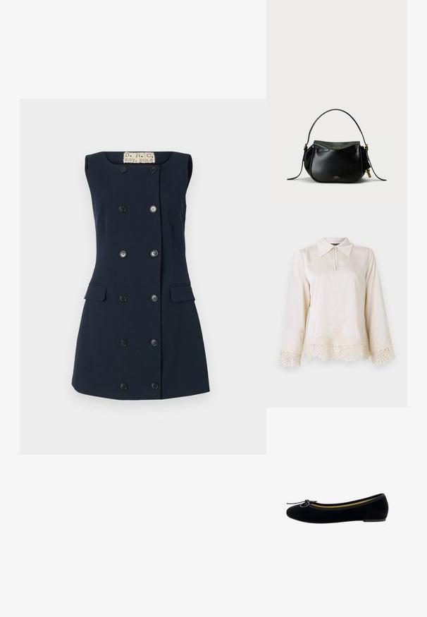 Blouse en crème avec un col, fermeture éclair à l'avant, et manches longues ornées d'une délicate dentelle au bas et aux bords des manches.; Robe sans manches bleu marine avec une coupe cintrée, fermeture à double boutonnage, deux poches avant et un col plat pour une silhouette structurée.; Ballet flats en velours noir avec un bout rond, un petit noeud sur le devant et une doublure intérieure jaune contrastante.; Sac à main en cuir noir de forme arrondie, avec une seule poignée supérieure et des accents en métal doré. Il dispose d'une fermeture zippée et d'un détail de marque discret.