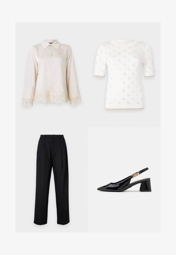 Krémová blúzka s límcom, so zapínaním na zips na prednej strane a dlhými rukávmi, ktoré sú zdobené zložitou čipkovou čipkou na spodnom okraji a na okrajoch rukávov.; Pletený biely krátky rukáv top s jemným vzorom, vybavený okrúhlym výstrihom a zlatým akcentom na okraji. Textúra vyzerá ľahučko a priedušne.; Čierne nohavice s presne tvarovaným strihom, s vysokým pásom, skladačkami a rovným strihom nohavíc. Vyrobené z hladkej látky v jednej farbe.; Čierne lakkové slingback lodičky s špicatou špičkou a zlatými doplnkami na popruhu, s blokovým podpätkom. Hladký povrch.