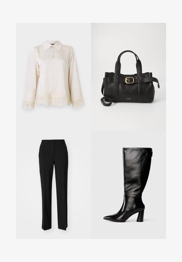 Cremefarbene Bluse mit kragenförmigem Ausschnitt, Reißverschluss vorne und langen Ärmeln, die eine filigrane Spitzenborte am Saum und an den Ärmelkanten aufweisen.; Schwarze, taillierte Hose mit geradem Bein, aus einem glatten Stoff und mit klaren Falten an der Vorderseite. Keine sichtbare Hardware.; Knöchelhohe schwarze Lederstiefel mit einer spitzen Zehe, glatter Oberfläche und einem klobigen Absatz. Verfügt über einen Reißverschluss hinten.; Schwarze Lederhandtasche mit strukturiertem Design, doppelten oberen Griffen, goldfarbenem Schnallenakzent und geprägtem Markenlogo auf der Vorderseite.