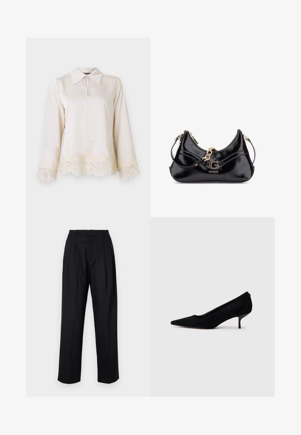 Cremefarbene Bluse mit kragenförmigem Ausschnitt, Reißverschluss vorne und langen Ärmeln, die eine filigrane Spitzenborte am Saum und an den Ärmelkanten aufweisen.; Schwarze Hose mit maßgeschneidertem Design, featuring eine hohe Taille, Falten und geraden Beinen. Hergestellt aus glattem Stoff in einfarbiger Ausführung.; Schwarzer Wildleder-High-Heel-Schuh mit spitzem Zeh und slim, niedrigem Absatz. Glatte Textur mit elegantem Design, ohne sichtbare Beschläge.; Schwarze Lackledertasche mit geschwungenem Design, goldenen Hardware-Akzenten und einem auffälligen Logo. Inklusive abnehmbarem Schultergurt.
