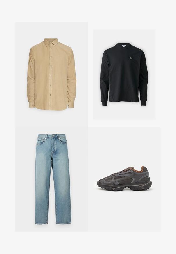 Camisa de corduroy bege de manga longa com colarinho abotinado e botões à frente, apresentada em fundo branco.; Camisola preta de manga longa feita de algodão, com decote redondo e um pequeno logótipo de crocodilo bordado em verde no lado esquerdo do peito.; Jeans de denim azul claro com um corte solto, pernas retas, design de cinco bolsos e fecho de botão na cintura. Detalhe de costura minimalista.; Ténis Lacoste em cinza-escuro com material em malha e sintético, apresentando uma sola texturizada e detalhes castanhos na gola e na marca.