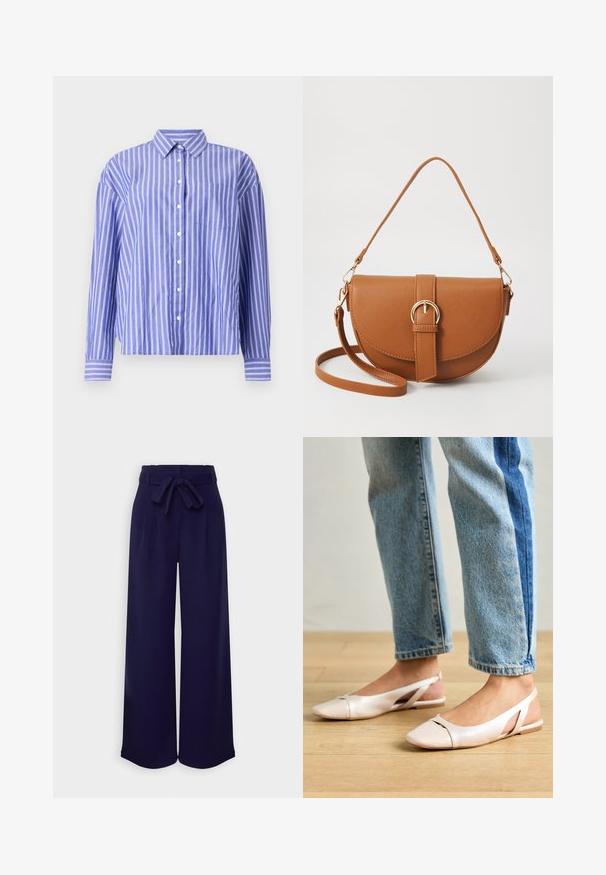 Mėlynas raštuotas marškinys su ilgomis rankovėmis, su vertikaliomis baltomis juostelėmis, apykakle ir krūtinės kišene. Glotnus audinio paviršius.; Anna Field Kelnės - dark blue; Šviesiai rožiniai slingback baleto bateliai su smailiu pirštu, pagaminti iš lygios odai panašios medžiagos. Yra išpjovimų detalės šonuose ir plokščias kulnas.; Ruda odinė kryžminė rankinė, turinti kreivą formą, auksinius metalinius elementus ir sagtį. Yra nuimama petneša.