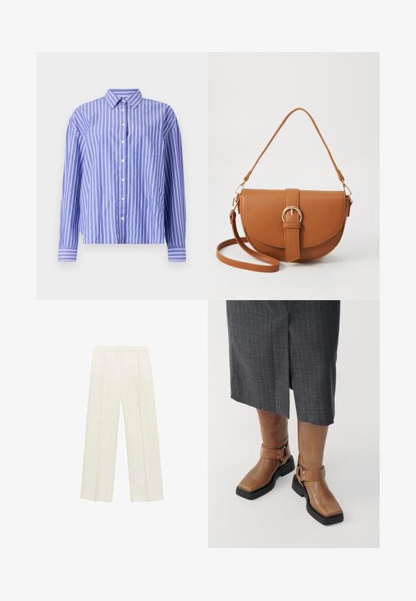 Blue striped button-up shirt with long sleeves, featuring vertical white stripes, a collar, and a chest pocket. Smooth fabric texture.; Wide-legged trousers in a light cream color. Made from a smooth fabric with pleats at the front and side pockets.; Brown leather knee-high boots with a square toe, black rubber sole, and adjustable buckle strap detail. Worn with a gray pinstripe skirt.; Brown leather crossbody bag with a curved shape, gold hardware, and a buckle accent. Features a detachable shoulder strap.