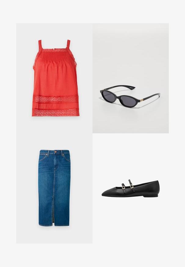 Crvena bezrukava majica napravljena od lagane tkanine, s nabranim gornjim dijelom i čipkastim detaljima duž rubova i trakica.; Denim midi suknja u tamnoplavoj boji s prednjim prorezom, dizajnom s pet džepova, narančastim šavovima i osiguranim pojasom s dva metalna dugmeta.; Crne kožne ravne cipele s oštrim vrhom, koje imaju dvije crne trake i zlatne kvadratne kopče. Glatka tekstura i niska potplat.; Crne sunčane naočale s ovalnim staklima, tamnim gradijentnim tonom i tankim okovima s suptilnim zlatnim akcentima. Glatka plastična završna obrada.