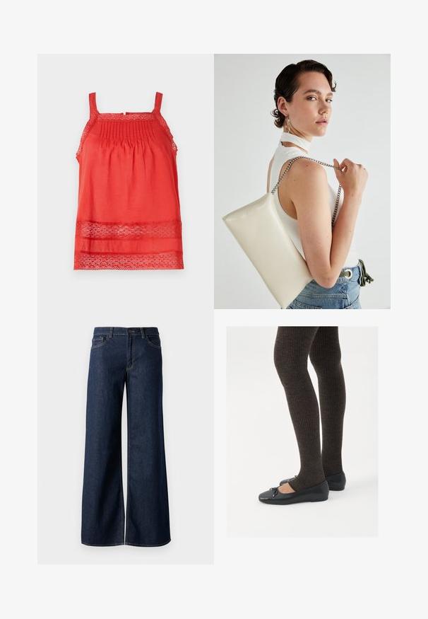 Röd ärmlös topp i lättviktig tyg, med veck vid överkroppen och spetsdetaljer längs fållen och axelbanden.; Breda jeans i mörkblå denim. Har kontrastsömmar, fem fickor och en knappstängning vid midjan. Slät textur.; Svarta platta skor med en liten rosett vid tån, i kombination med mörkbruna ribbade strumpbyxor. Skorna har en slät yta och låg profil.; Vitt rektangulärt clutch-väsk i glänsande material, med en kedjesnor i silver. Modellen poserar och visar upp väskan mot en neutral bakgrund.