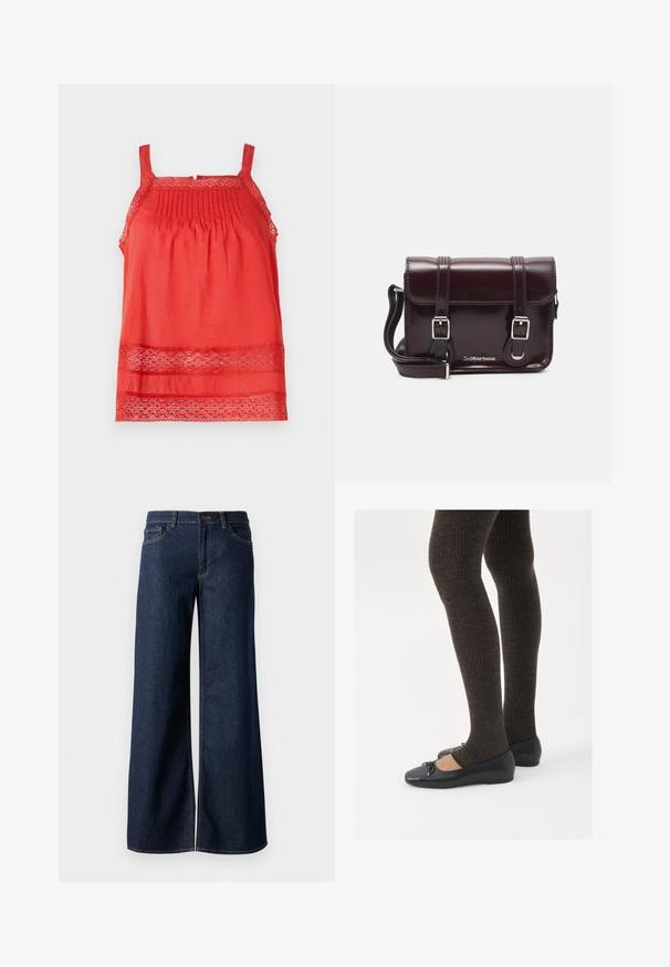 Raudonas be rankovių šalikas, pagamintas iš lengvos medžiagos, su klostėmis viršutinėje dalyje ir nėrinių akcentais palei apdailą ir petnešas.; Plati kojinės džinsai tamsiai mėlynos džinsinės medžiagos. Yra kontrastingas siuvimo ornamentas, penkios kišenės ir užsegimas mygtuku juosmenyje. Lygus paviršius.; Juodos plokščios bateliai su maža kaspinėlio detale prie pirštų, derinami su tamsiai rudos spalvos raukšlėtomis pėdkelnėmis. Bateliai turi lygų paviršių ir žemą profilį.; Bordo lakinės odos krepšys per petį, stačiakampio formos, su dviem diržais, sidabrinėmis detalėmis ir užtraukiama kiautu.