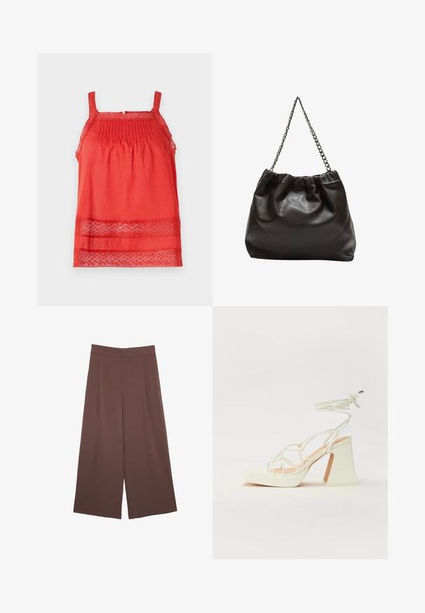 Rdeča brezrokavnica iz lahkega materiala, ki ima nabore na zgornjem delu telesa in čipkast poudarek ob robu ter trakcih.; Rjave široke hlače z gladko teksturo, ki imajo visok pas in sprednje naborke. Tkanina je lahka in prosto pada.; Bela sandala na visokih petah s debelim petam, ki ima obliko trakcev in vezanje okoli gležnja. Gladka tekstura z platformo spredaj za dodatno višino.; Rjava usnjena torba z nabranim vrhom in verižnim trakom. Gladka tekstura z sijajno površino in subtilnimi šivi na straneh.