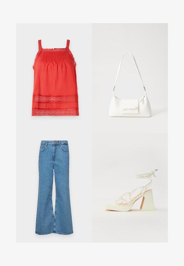 Punainen olkaimeton paita, joka on valmistettu kevyestä kankaasta. Yläosassa on poimutuksia ja helmassa sekä olkaimissa pitsikoristelu.; Vaaleansiniset leveälahkeiset farkut, joissa on korkea vyötärö, viisi taskua ja yksi napin sulkeminen. Pehmeä pinta, jossa on haalistunut viimeistely.; Valkoinen korkokenkä, jossa on paksu korko, ja joka sisältää nauhakiinnityksen ja nilkkaketjun. Sujuva pinta, jossa on platform-etupohja lisäkorkeutta varten.; Valkoinen synteettinen käsilaukku, jossa on kolmikulmainen muoto, tasainen etu läppä ja nauhadetail, säädettävä olkahihna, sileä rakenne ja minimalinen muotoilu.