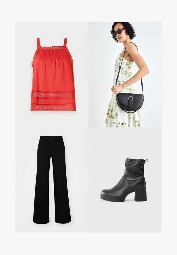 Top rosso senza maniche realizzato in tessuto leggero, con pieghe nella parte superiore del corpino e dettagli in pizzo lungo l'orlo e le spalline.; Pantaloni neri a gamba larga in denim, con una vita strutturata, passanti per la cintura e tasche frontali. Texture liscia con un design classico.; Stivali neri alla caviglia in pelle liscia, con zip laterale, tacco spesso e texture, e punta arrotondata.; Borsa a tracolla nera in pelle con una forma curva, manico rimovibile e accessori dorati. La borsa presenta una patta con un dettaglio a fibbia.