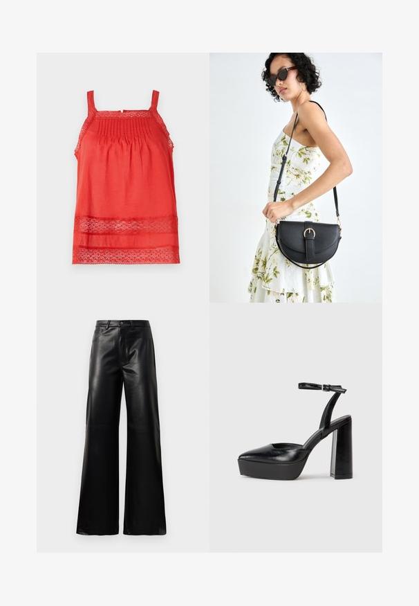 Punane varrukateta topp, mis on valmistatud kergest kangast, millel on voldid ülakehal ja pitsid ääres ning rihmadel.; Mustad talje laiad jalad kunstnahast püksid esipaneeli nööbi ja lukuga, vöödega ja küljetaskutega valge tausta peal.; Mustad platvormi kontsad terava ninaga ja reguleeritava pahkluuraamiga. Valmistatud siledast nahast, funktsioneerib massiivse plokknäheeliga.; Mustmust mustraha kõverate joontega, eemaldatava rihmaga ja kuldsete detailidega. Kotil on klapp, millel on pandladetail.