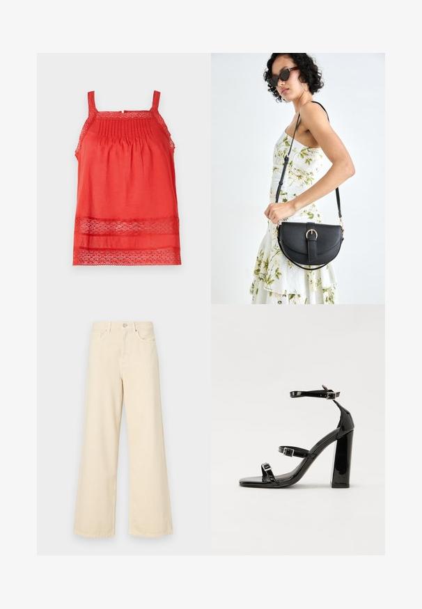 Top roșu fără mâneci, realizat dintr-un material ușor, cu pliuri în partea superioară a corpului și accente din dantelă pe marginea de jos și pe bretele.; Blugi bej cu croi larg, din bumbac. Au închidere cu nasture, bucle pentru curea și buzunare frontale, cu o textură netedă și moale.; Sandale cu toc din patent negru, cu vârf pătrat, curele la gleznă și catarame din argint. Dispune de un toc gros pentru stabilitate.; Geantă din piele neagră, cu o formă curbată, curea detașabilă și accesorii aurii. Geanta are un capac cu un detaliu tip cataramă.