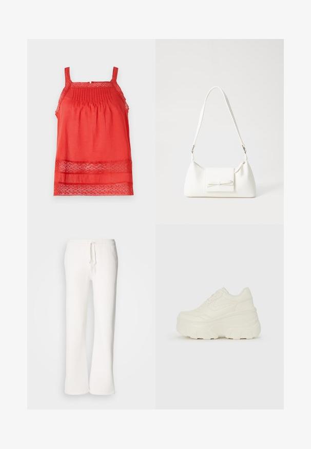 Red sleeveless top made of lightweight fabric, featuring pleats at the upper bodice and lace accents along the hem and straps.; White, relaxed-fit sweatpants made of soft fabric, featuring an elastic waistband with a drawstring and straight-leg design.; White platform sneakers featuring a smooth leather-like upper, rounded shape, padded collar, and textured rubber sole with defined treads.; White synthetic handbag with a triangular shape, flat front flap and bow detail, adjustable strap, smooth texture, and minimalistic design.
