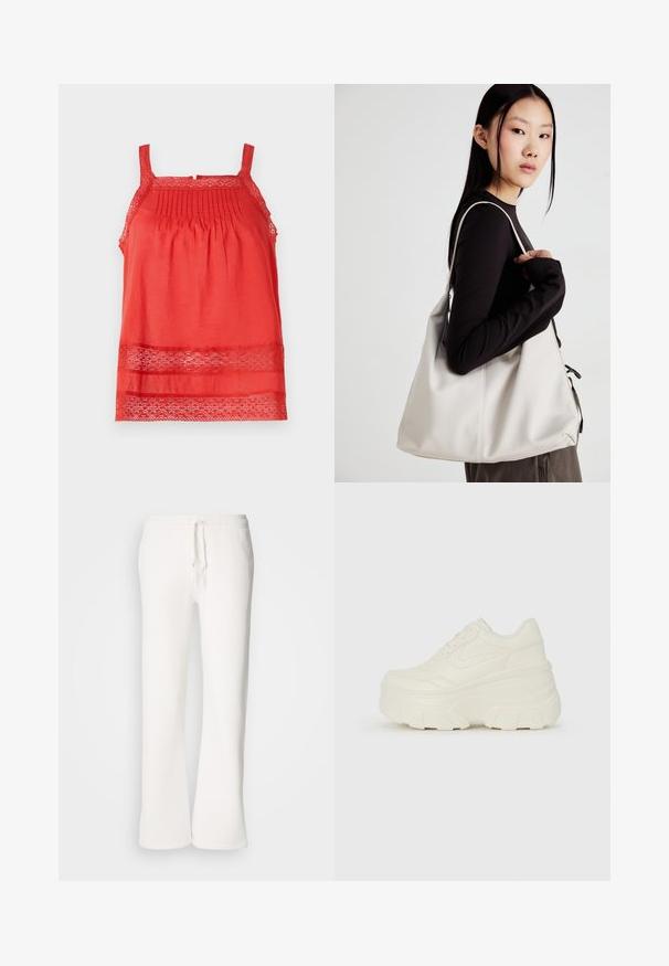 Czerwona, bezrękawnikowa bluzka z lekkiego materiału, z fałdami na górnej części i koronkowymi akcentami wzdłuż dołu i ramiączek.; Białe, luźne spodnie dresowe wykonane z miękkiego materiału, z elastycznym paskiem w talii i prostymi nogawkami.; Białe sneakersy na platformie z gładkim, skórzano przypominającym wierzchem, zaokrąglonym kształtem, wyściełanym kołnierzem oraz teksturowaną gumową podeszwą z wyraźnym bieżnikiem.; Beżowa torebka wykonana z miękkiego materiału, charakteryzująca się luźnym fasonem, wyszywanymi detalami i dwoma uchwytami na ramię. Idealna na co dzień.