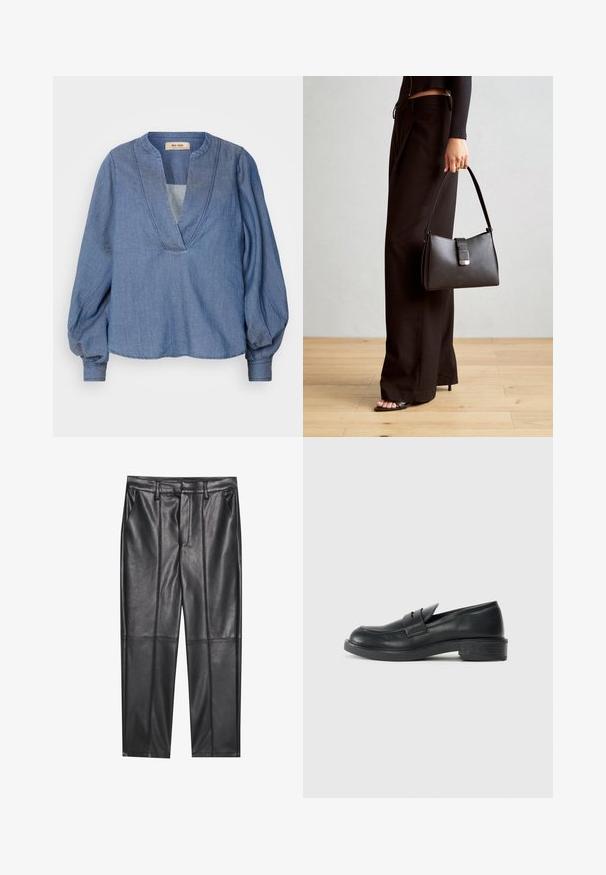 Svetlo modrá denimová blúzka s hlbokým výstrihom do V, balónovými rukávmi a uvoľneným strihom. Obsahuje štruktúrované stehy pozdĺž výstrihu a manžiet.; Čierne kožené nohavice s hladkou textúrou, rovného strihu, s dvoma prednými vreckami a viditeľným švom.; Čierne kožené mokasíny s okrúhlym špičkou, prešívanými detailmi a malým opätkom. Hladký povrch a flexibilná gumová podrážka.; Čierna kabelka so štruktúrovaným tvarom, hladkou textúrou a kovovou sponou. V kombinácii so širokými čiernymi nohavicami a sandálmi s otvorenou špičkou na drevenej podlahe.